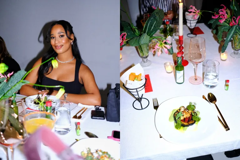 One image of an event attendee sitting at a dining table next to an overhead shot of the table with fresh produce, a plated dish, and Tabasco sauce.