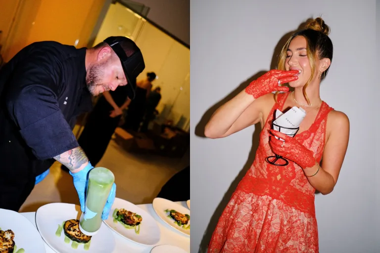 One image of a Sakara chef prepping food next to influencer Tinx taking a bite out of a bowl.