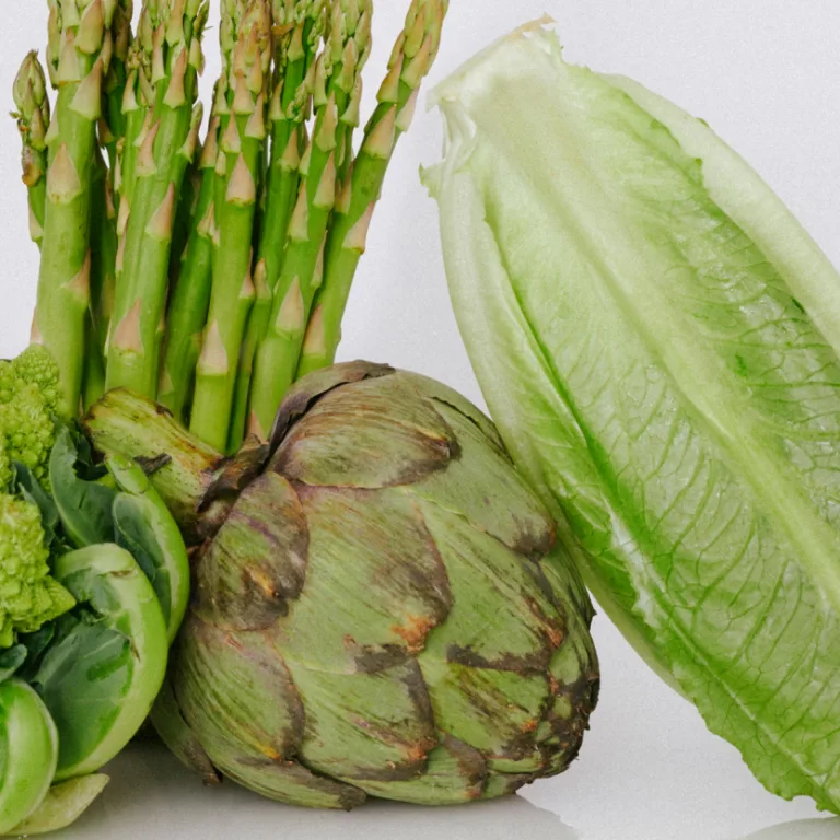 Fresh asparagus spears, romaine lettuce, a whole artichoke, and broccoli arranged on a white background.