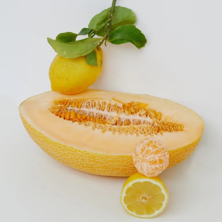Halved cantaloupe with seeds, whole lemon with leaves, peeled citrus segment, and sliced lemon arranged on a white surface.