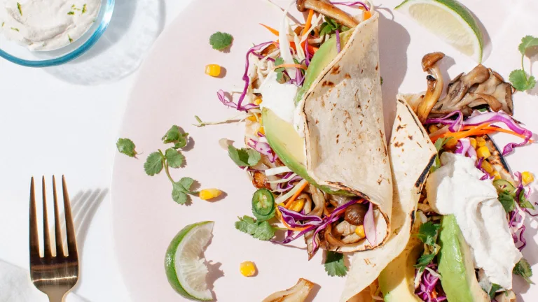 Soft taco filled with shredded cabbage, avocado, mushrooms, and herbs on a white plate with lime.