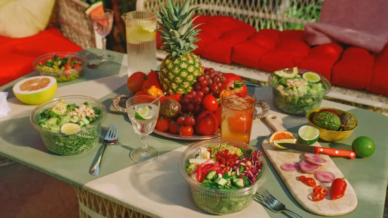 Outdoor table spread with Sakara salads, fruit, cocktails, and fresh produce.