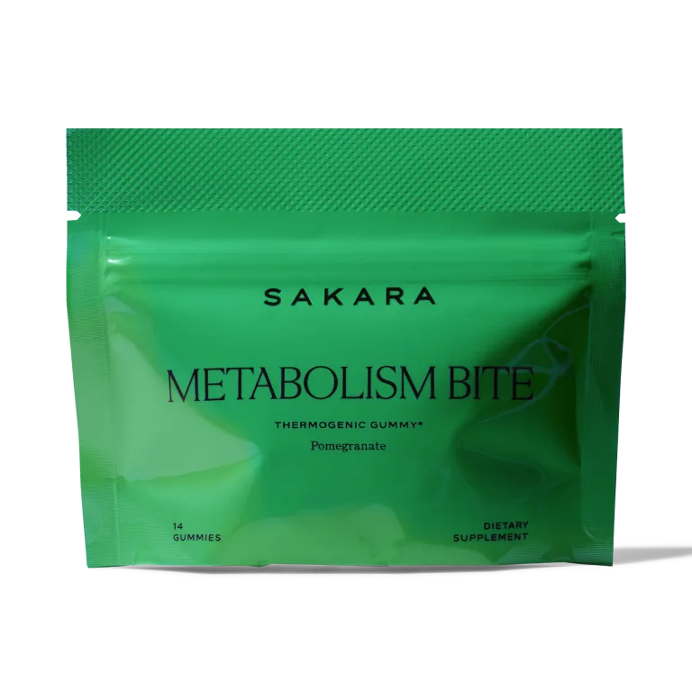 Sakara Metabolism Bite thermogenic gummies in bright green resealable pouch with black text, pomegranate flavor, 14 gummies dietary supplement