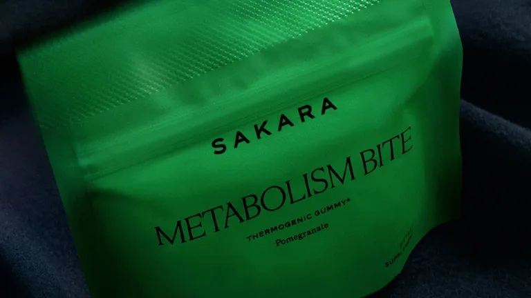 Close-up of a green resealable pouch labeled “Metabolism Bite.”