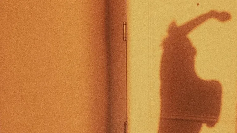 Shadow of a person carrying a bag cast against a warm-toned wall.