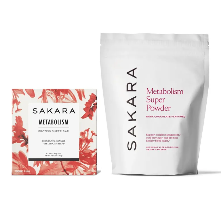 Sakara Metabolism Duo featuring Metabolism Super Powder in a white pouch and Metabolism Protein Super Bar in red floral packaging.