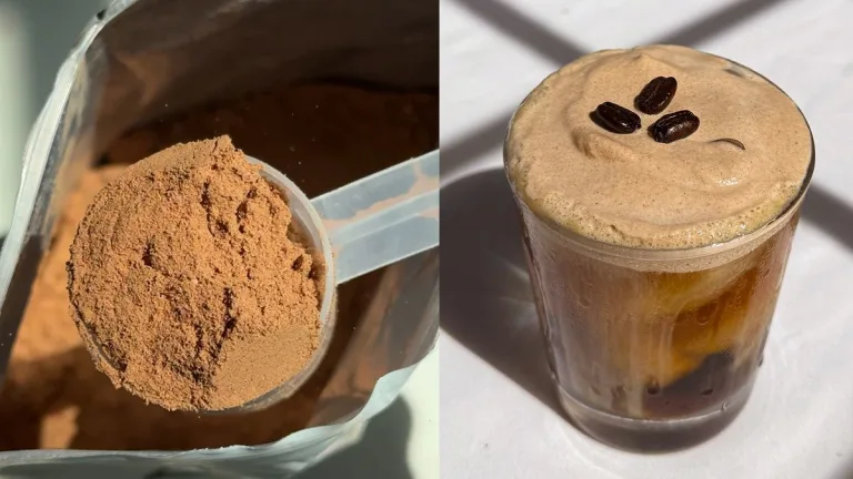 Scoop of Sakara Metabolism Super Powder next to a layered iced coffee topped with foam and coffee beans.