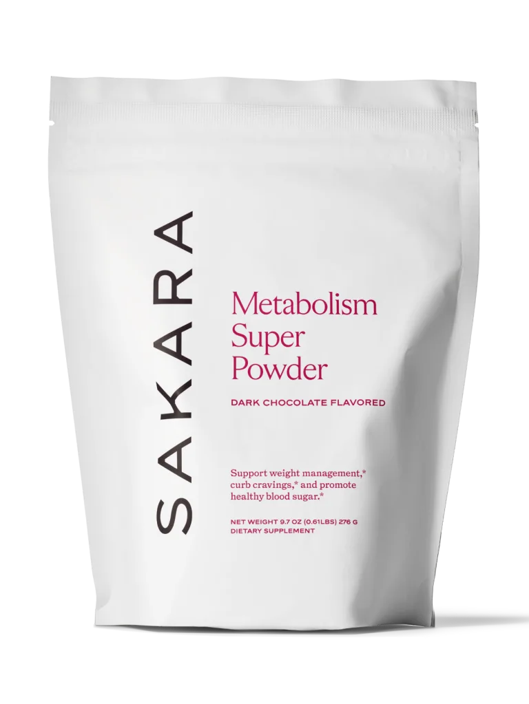Sakara Metabolism Super Powder in matte white resealable pouch, dark chocolate flavored, 9.7 oz (276 g), dietary supplement, labeled supports weight management, curbs cravings, and promotes healthy blood sugar.