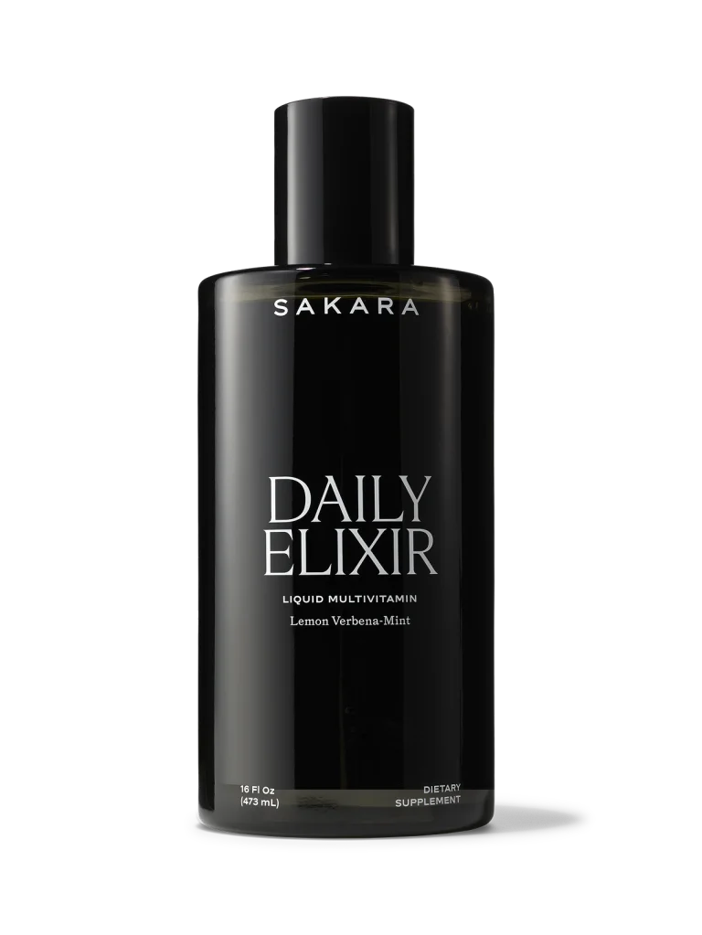 Sakara Daily Elixir liquid multivitamin in tall matte black bottle with white text, Lemon Verbena-Mint flavor, 16 fluid ounces dietary supplement