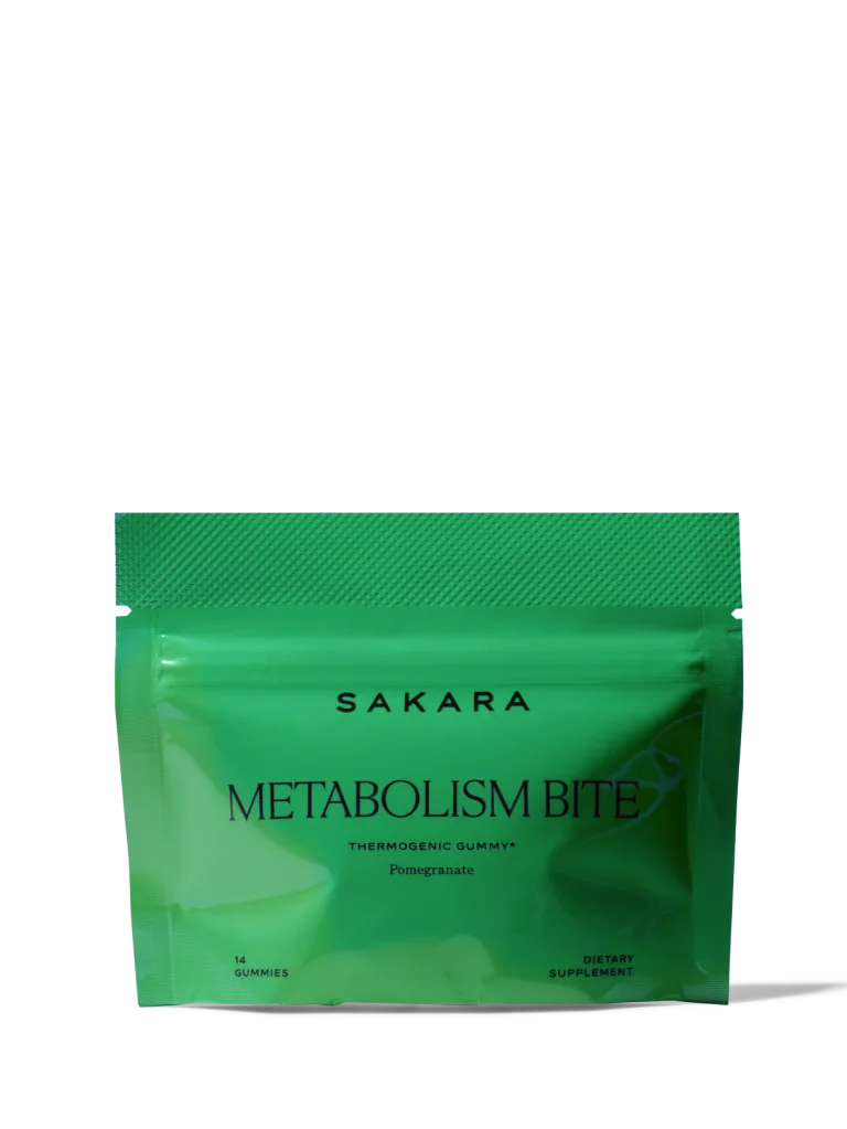 Sakara Metabolism Bite thermogenic gummies in bright green resealable pouch with black text, pomegranate flavor, 14 gummies dietary supplement