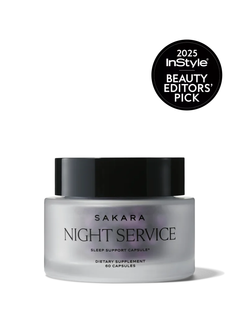 Sakara Night Service sleep support capsules in frosted white glass jar with glossy black lid and black text, 60 capsules dietary supplement, with 2025 InStyle Beauty Editors’ Pick badge